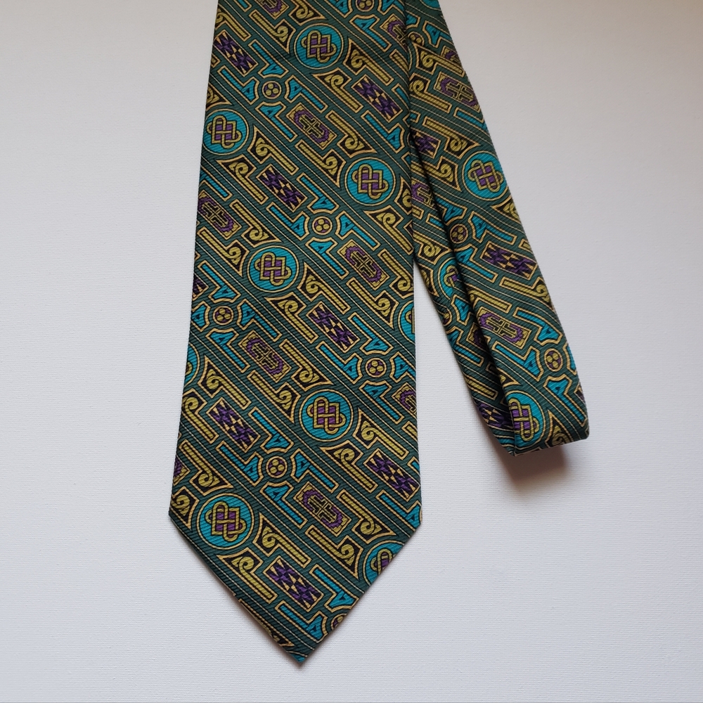 Celtic Patterned Tie in Green and Purple, Hand Finished Irish Tie